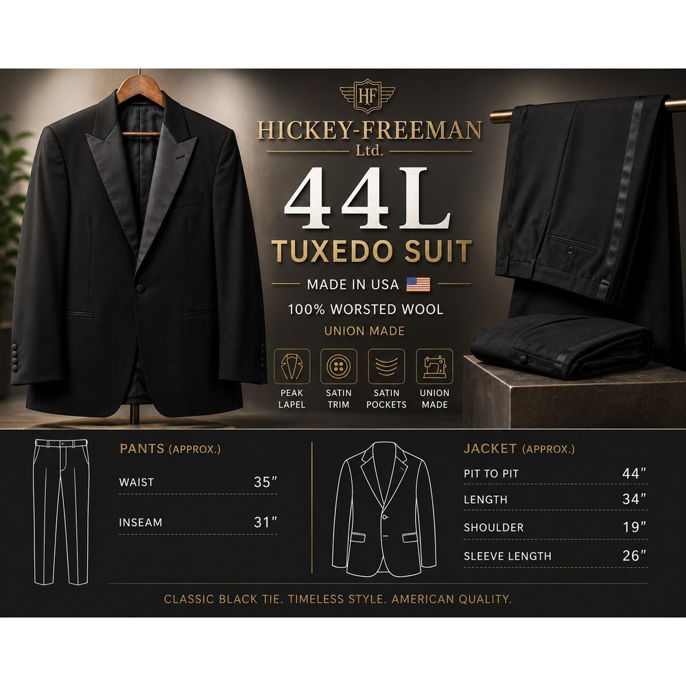 Hickey Freeman 44L Black Wool Tuxedo Suit Peak Lapel Satin Trim USA Made